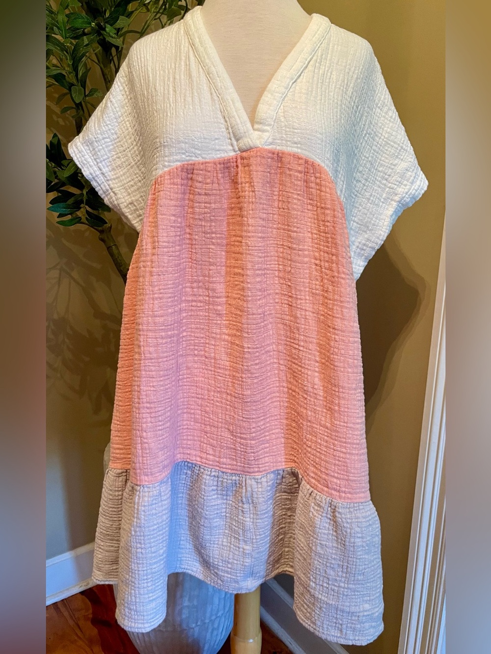 Casual White, Coral and Gray Colorblock Gauze Dress